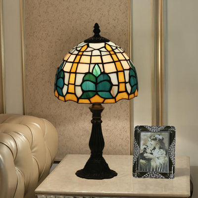 Tiffany Retro Mediterrane Blätter Buntglas 1-Licht Tischlampe 