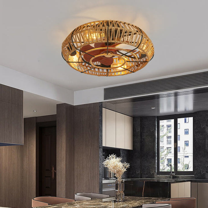 Traditionelle rustikale runde Trommel Eisen Hanfseil 4-Licht Semi-Flush Mount Deckenventilator Licht für das Schlafzimmer 