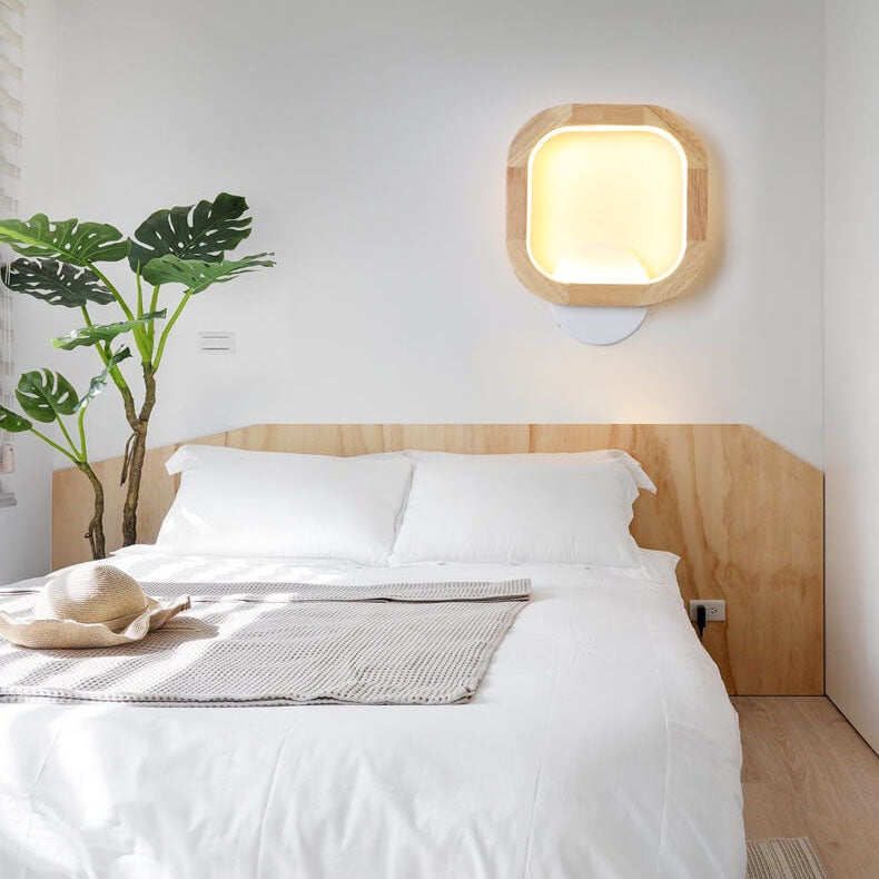 Japanische moderne quadratische runde Gummiholz-Hardware-LED-Wandleuchte 