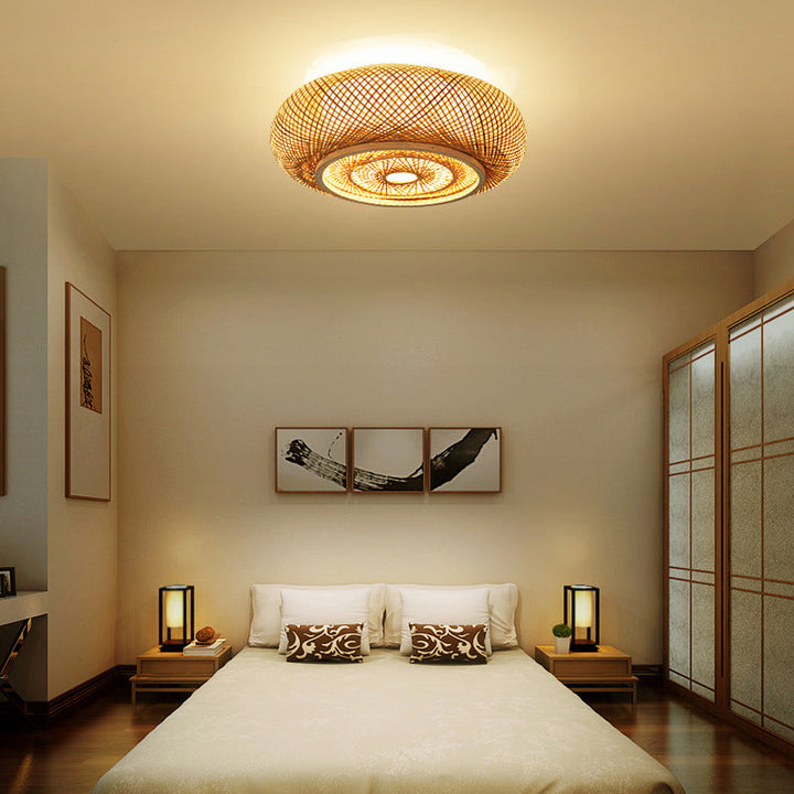 Plafonnier en bambou PVC à une lumière avec monture affleurante, style vintage traditionnel et squelette rond pour salon 