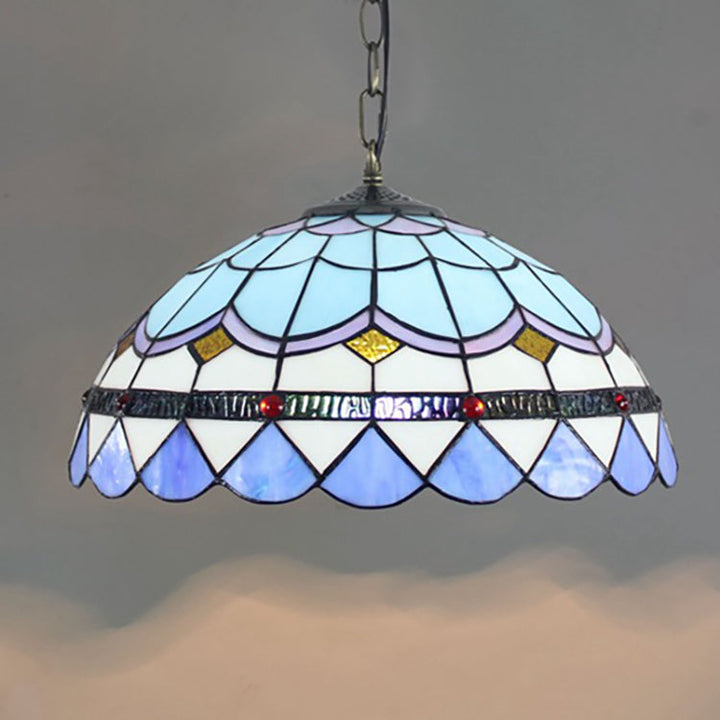 Lustre suspendu traditionnel Tiffany en forme de dôme rond en verre teinté avec 1 lumière pour salon 