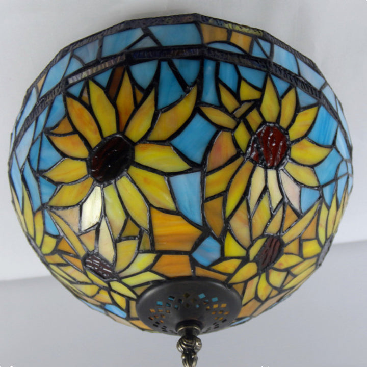 Traditionelle Tiffany-Deckenleuchte mit Sonnenblume, Eisenglas, 2 Lichter, halbbündige Montage, für den Flur 