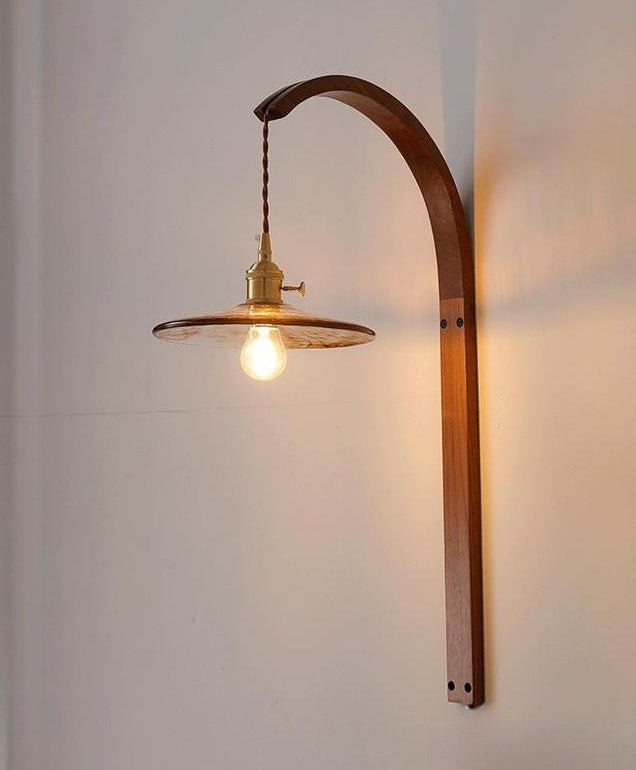 Applique murale 1 lumière avec abat-jour rond en céramique japonaise traditionnelle et poteau courbé en bois pour salon 