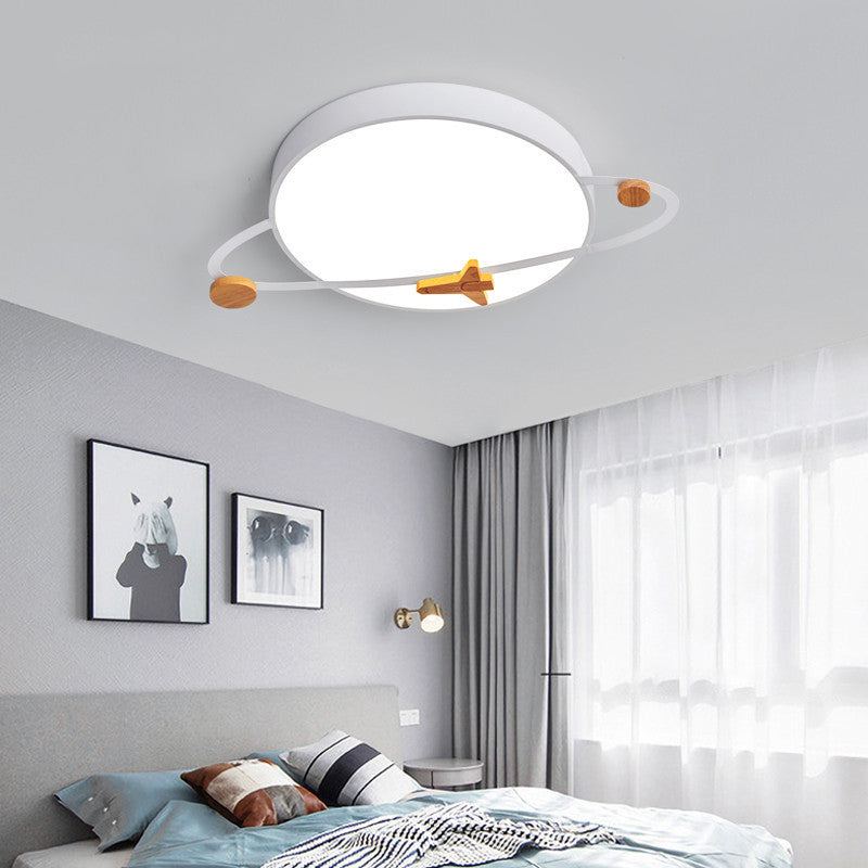 Contemporary Scandinavian Iron Acrylic Wood Round Planet Design LED Kids Flush Mount Ceiling Light For Bedroom