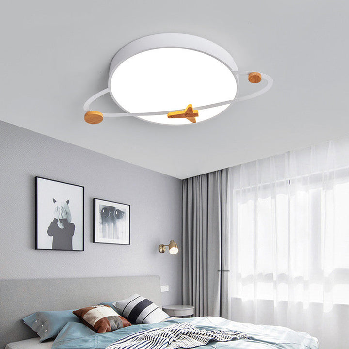 Contemporary Scandinavian Iron Acrylic Wood Round Planet Design LED Kids Flush Mount Ceiling Light For Bedroom