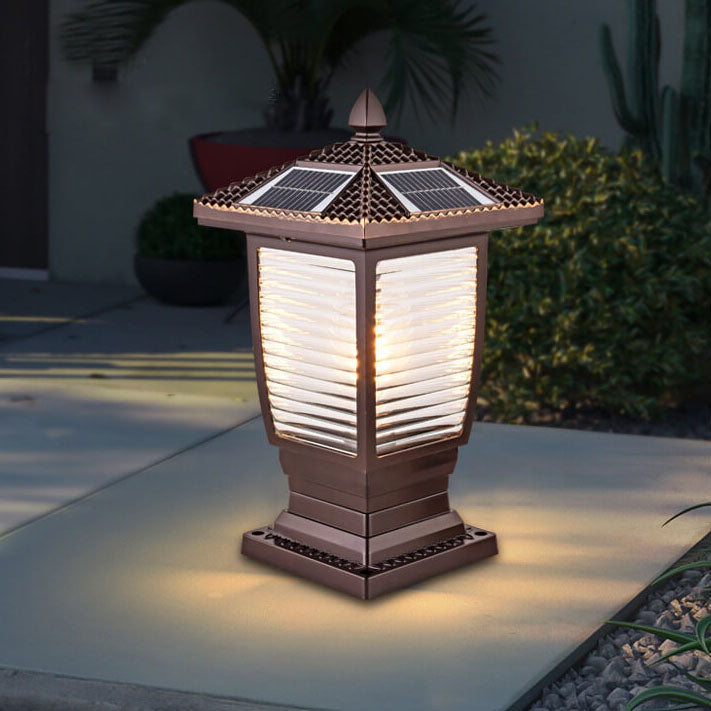 Outdoor Chinese Solar Coffee Gold Square Column 1-Light Waterproof Landscape Light