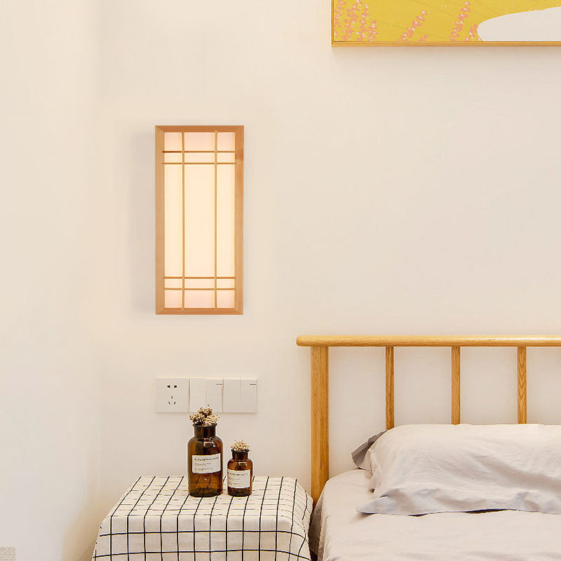 Traditional Japanese Rectangle Solid Wood Acrylic LED Wall Sconce Lamp For Bedroom