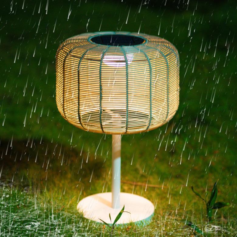 Contemporary Retro Solar Waterproof Weaving Rattan Metal Cylinder LED Landscape Lighting Outdoor Light For Outdoor Patio