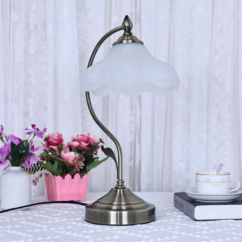 European Vintage Frosted Floral Glass Shade Metal Base 1-Light Table Lamp