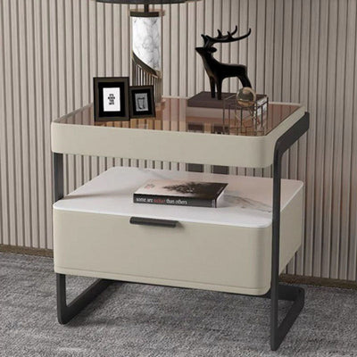 Table de nuit contemporaine nordique rectangulaire en verre renforcé, cuir, dalle de fer et bois avec 1 tiroir pour chambre 