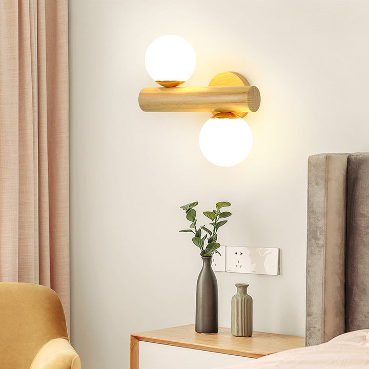 Traditional Japanese Metal Rubber Wood Walnut Glass Cylinder Strip Ball 2-Light Wall Sconce Lamp For Bedside