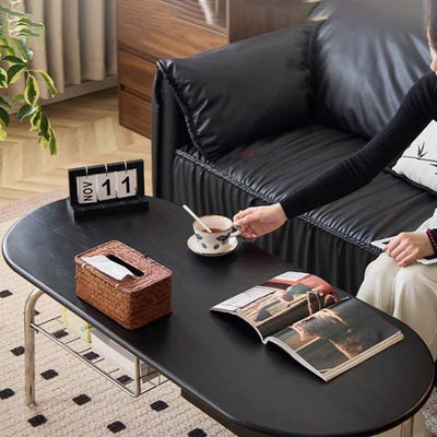 Mesa de café moderna minimalista ovalada con base de madera y vidrio, panel con 1 cajón para sala de estar 