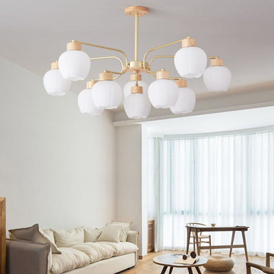 Moderne minimalistische gebogene Stange weiße Glockenblume Hardware Holz Glas 6/10 Licht Kronleuchter für Wohnzimmer 