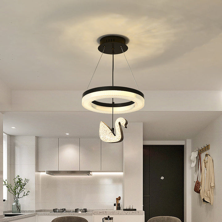 Zeitgenössischer Luxus-Kreis-Ring-Schatten-ABS-Schwan-Dekor-LED-Kronleuchter für Wohnzimmer 