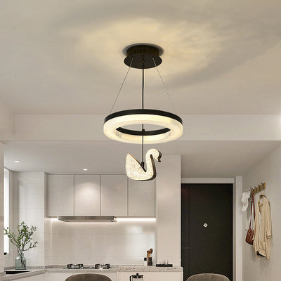 Zeitgenössischer Luxus-Kreis-Ring-Schatten-ABS-Schwan-Dekor-LED-Kronleuchter für Wohnzimmer 