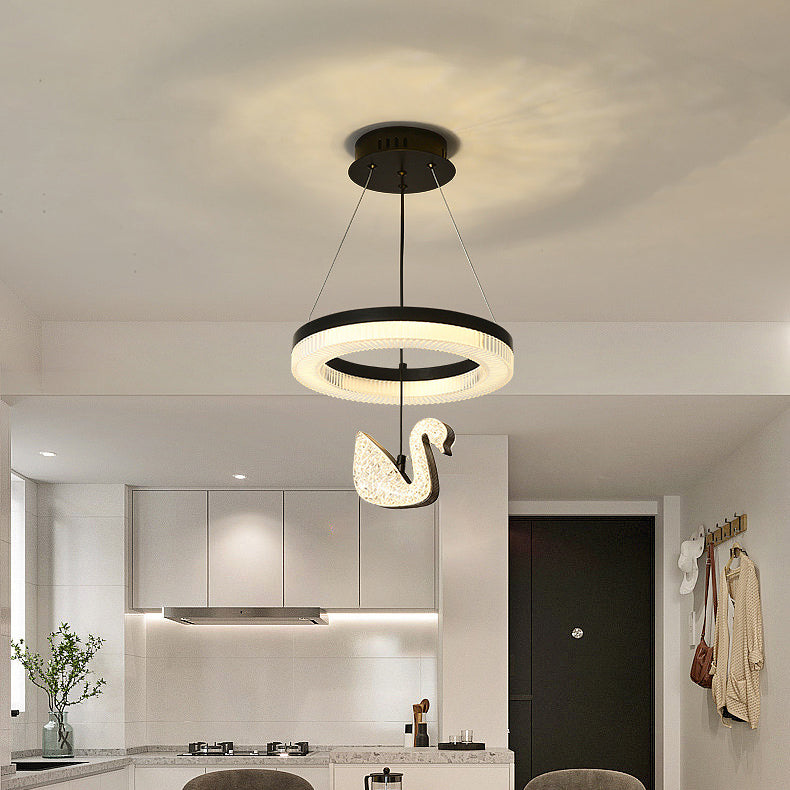Zeitgenössischer Luxus-Kreis-Ring-Schatten-ABS-Schwan-Dekor-LED-Kronleuchter für Wohnzimmer 