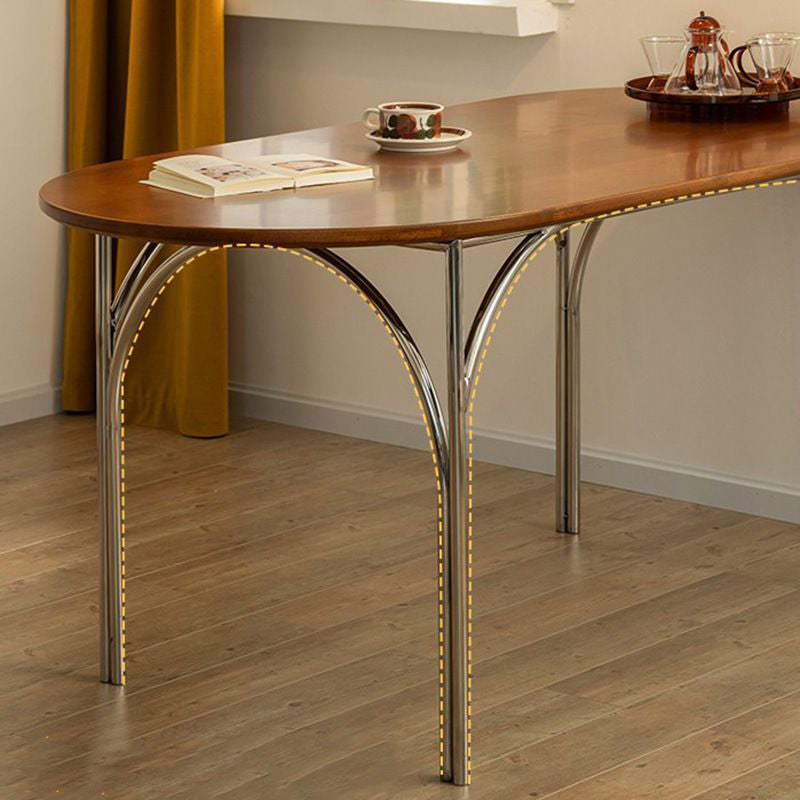 Table à manger elliptique vintage traditionnelle en bois de frêne de pin et acier inoxydable pour 4 places 