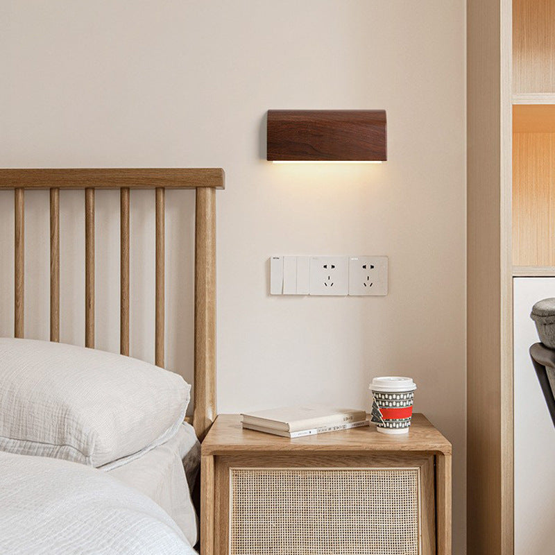 Traditional Japanese Imitation Wood Grain Aluminum Rectangular Shade LED Wall Sconce Lamp For Bedroom