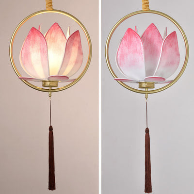 Chinese Zen Lotus Fabric Shade Iron Circle Ring Tassel 1-Light Pendant Light