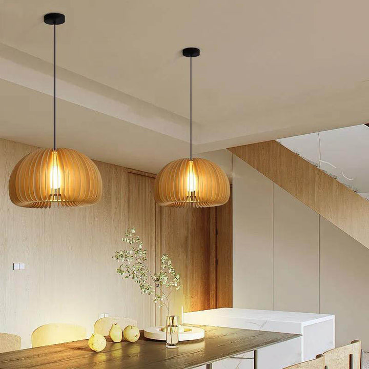 Traditional Japanese Iron Wooden Pumpkin Shape 1-Light Pendant Light For Living Room