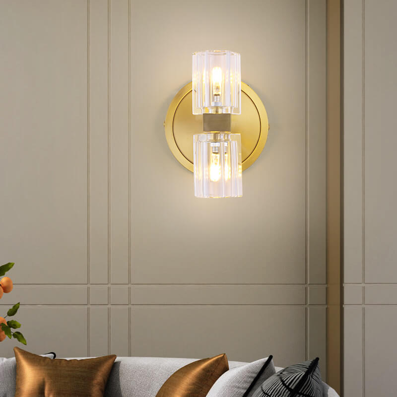 Moderne minimalistische Kristall-Kupfer-Zylinder-Wandleuchte mit 2 Flammen für Wohnzimmer &amp; Schlafzimmer 
