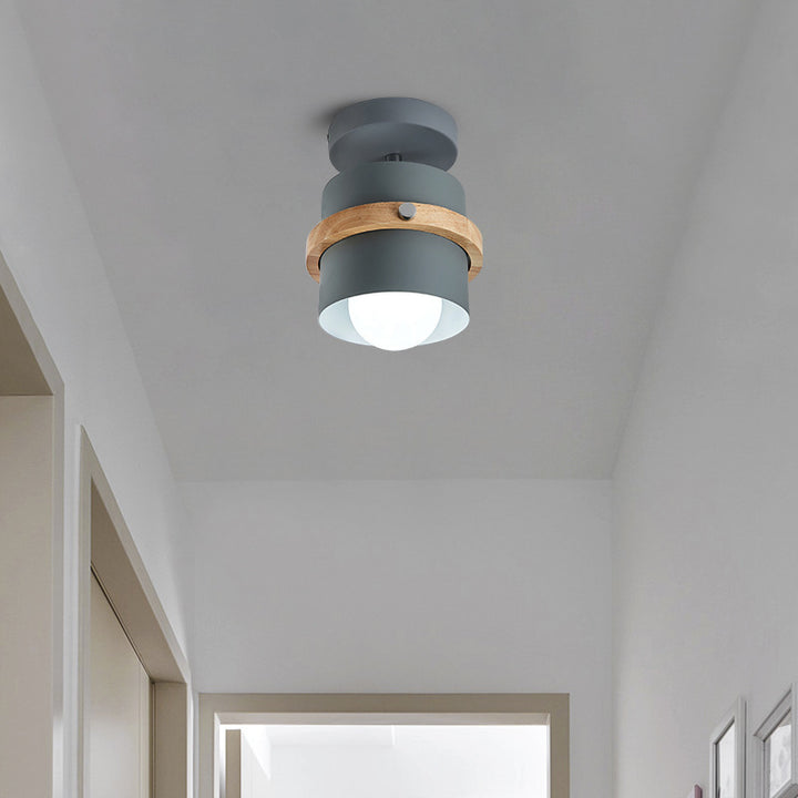 Contemporary Nordic Round Cylinder Iron Solid Wood 1-Light Semi-Flush Mount Ceiling Light For Hallway