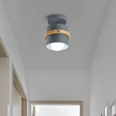 Contemporary Nordic Round Cylinder Iron Wood 1-Light Semi-Flush Mount Ceiling Light For Hallway