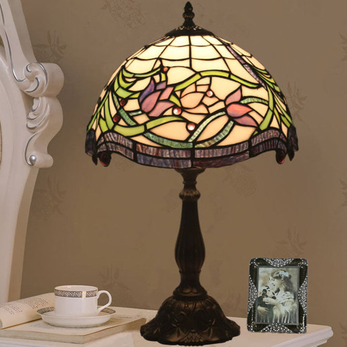 Lámpara de Mesa de 1 Luz con Cúpula de Resina de Vidrio Tiffany Tulip Vintage 