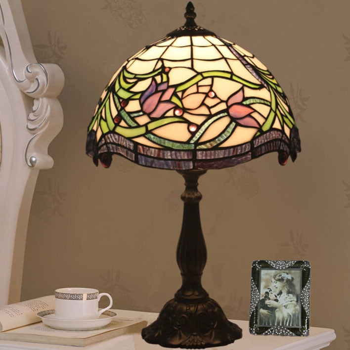 Vintage Tiffany Tulip Stained Glass Resin Dome 1-Light Table Lamp