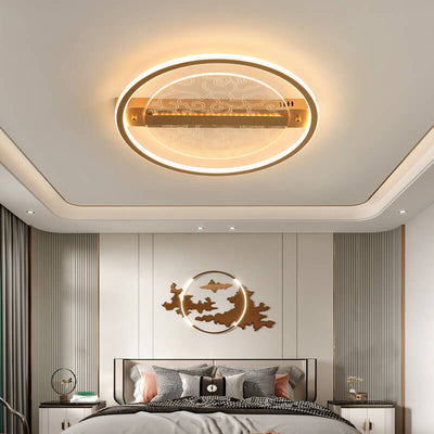 Chinese Zen Texture Acrylic Iron Gold Finish Frame LED Flush Mount Ceiling Light