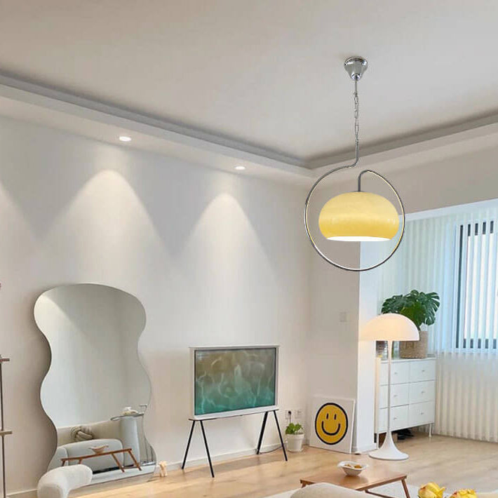 Zeitgenössische Retro Creme Runde Hardware Glas 1-Licht Pendelleuchte für Wohnzimmer 