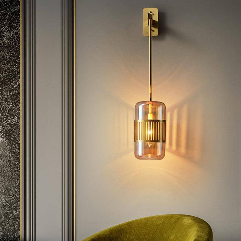 Lámpara de pared cilíndrica de vidrio y hierro de lujo contemporáneo de 1 luz para dormitorio y sala de estar 