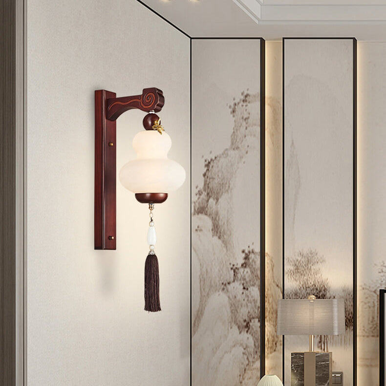 Moderne chinesische Eiche Element Kürbisform LED Wandleuchte 