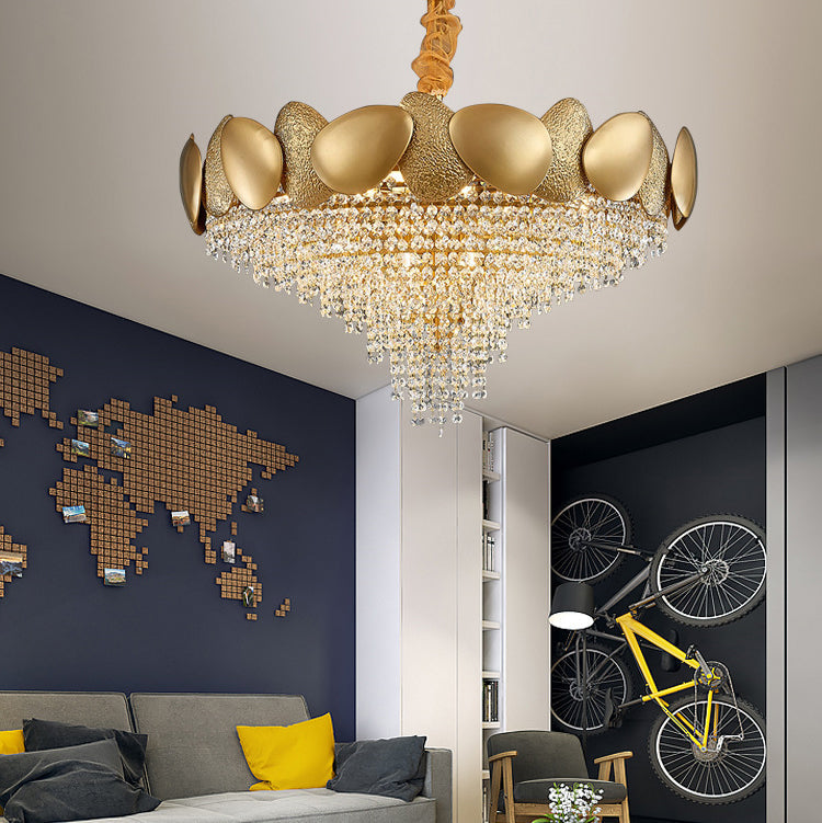 Lustre moderne de luxe en acier inoxydable avec cadre en titane et perles de cristal à 11/15 lumières pour salon 