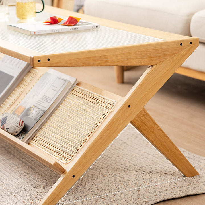 Traditional Japanese Rectangle Z-Shape Bamboo Glass Resin Rattan Weaving Coffee Table For Living Room