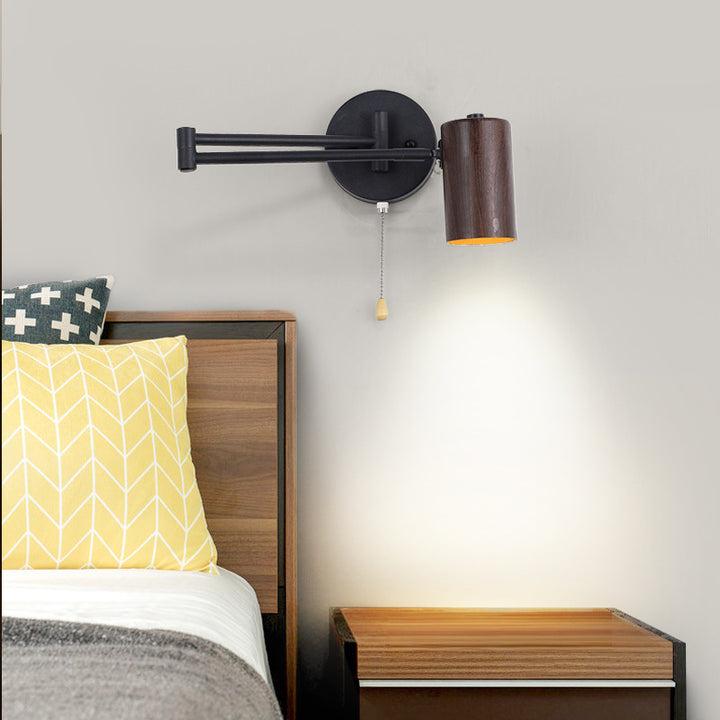 Applique murale 1 lumière en fer, plastique et grain de bois scandinave contemporain pour chambre à coucher 