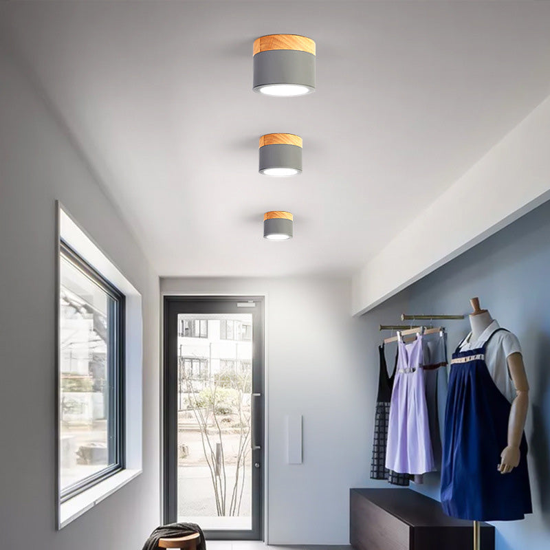 Luz de techo LED de montaje empotrado de cilindro de madera, hierro y acrílico escandinavo contemporáneo para pasillo 