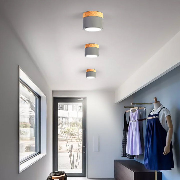 Luz de techo LED de montaje empotrado de cilindro de madera, hierro y acrílico escandinavo contemporáneo para pasillo 