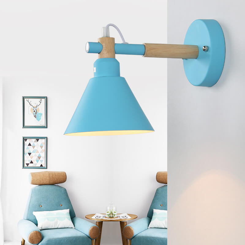 Nordic Macaron Iron Trumpet Shaped Wood 1-Light Wall Sconce Lamp