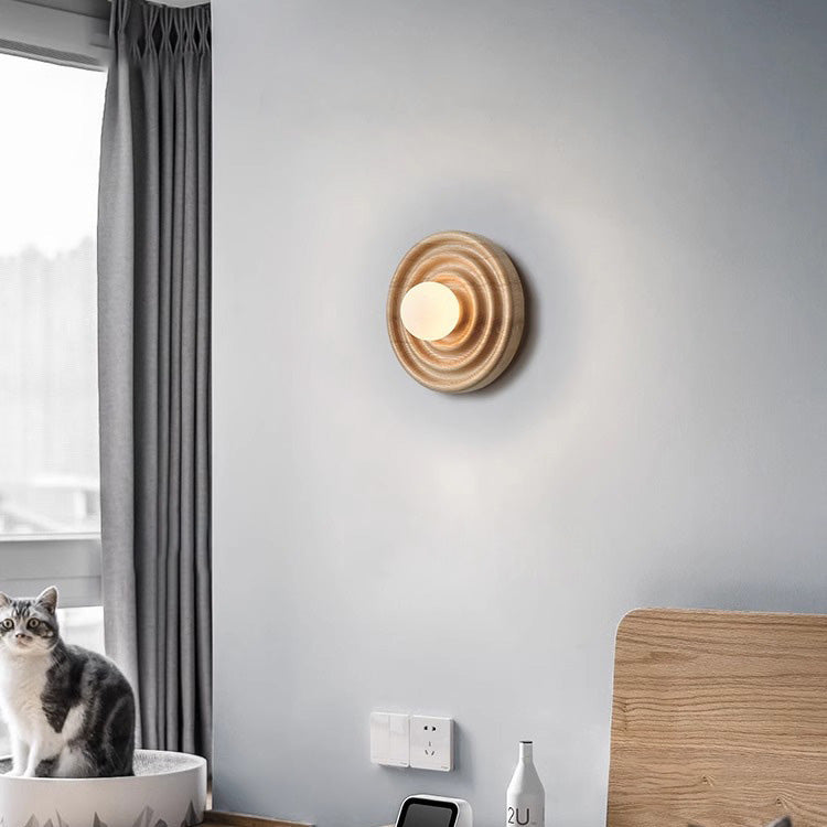 Traditionelle japanische Wabi-Sabi Holz Wachstumsring Glaskugel Schatten 1-Licht Wandleuchte Lampe für Schlafzimmer 