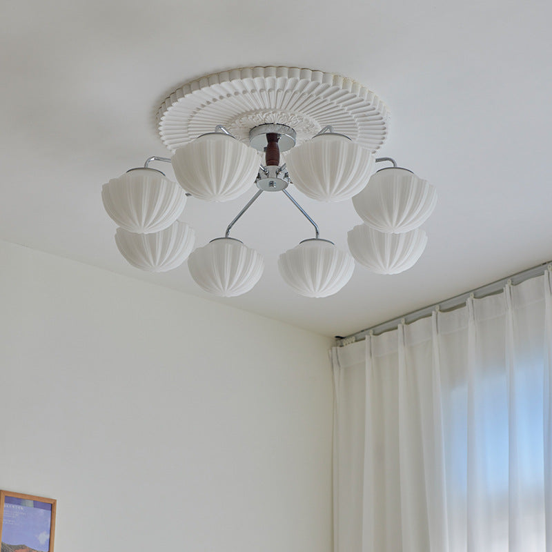 Traditionelle französische Schüssel geripptes Eisen Holz Glas 3/5/8 Licht Halbbündige Deckenleuchte für Wohnzimmer 
