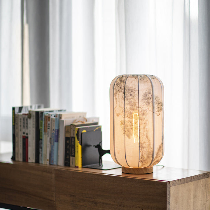 Lámpara de Mesa de 1 Luz de Hoja de Bambú Cilindro de Madera China Tradicional Algodón Cáñamo para Mesita de Noche 