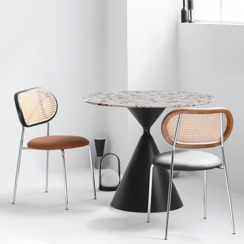 Contemporary Nordic Round PU Leather Faux Rattan Weaving Iron Chair Backrest For Living Room