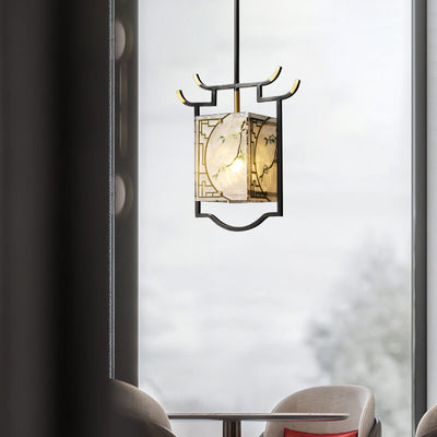 Lustre suspendu à 1 lumière en cuivre lucite émaillé quadrilatère chinois traditionnel pour salon 