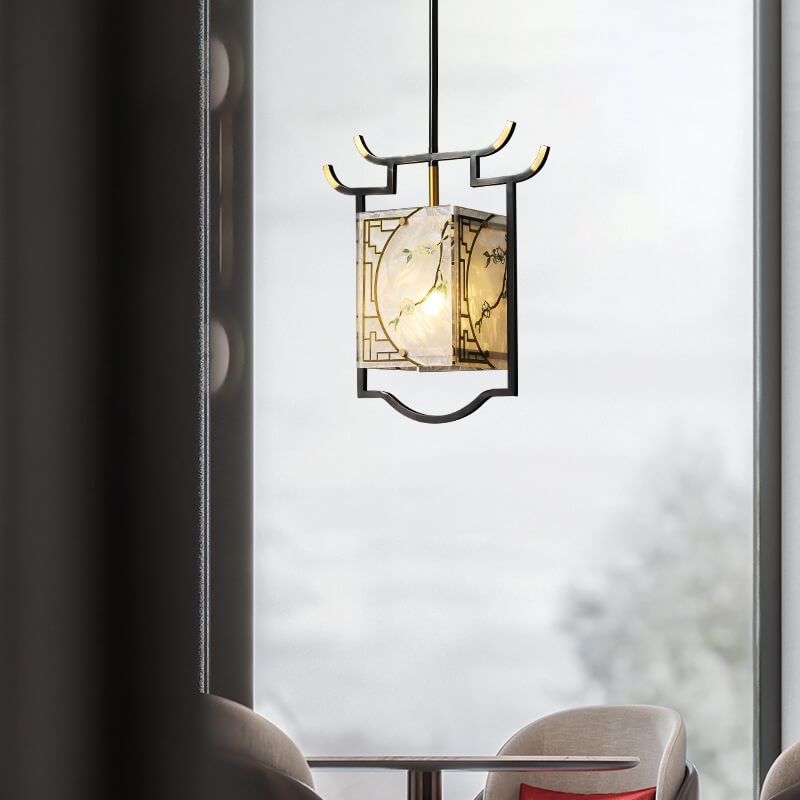 Lustre suspendu à 1 lumière en cuivre lucite émaillé quadrilatère chinois traditionnel pour salon 