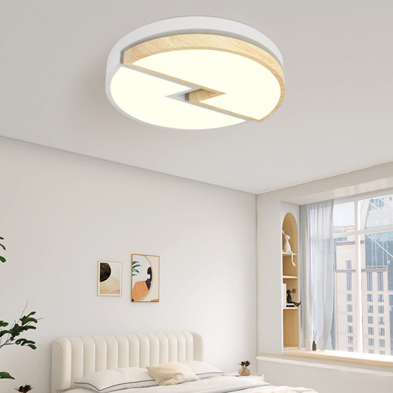 Zeitgenössische nordische runde Holzmaserung Blitz Eisen Acryl LED Unterputz Deckenleuchte für Schlafzimmer 
