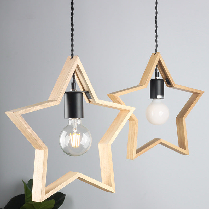 Zeitgenössische kreative Massivholz Pentagramm Stern 1-Licht Pendelleuchte für Wohnzimmer 