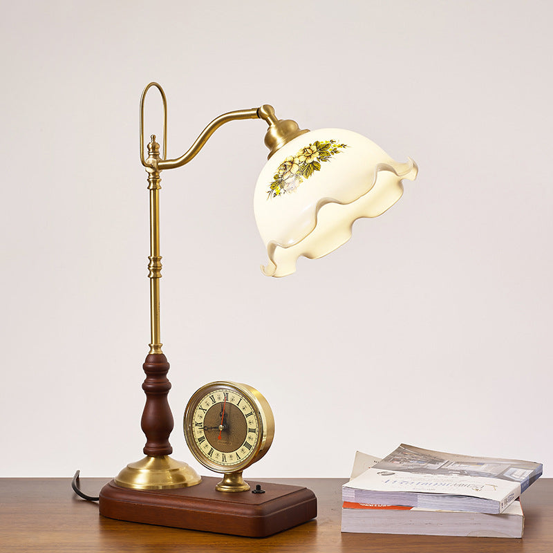 Lampe de Table Traditionnelle Rétro Florale en Bois Massif avec Verre Cuivre à 1 Lumière pour Chambre 