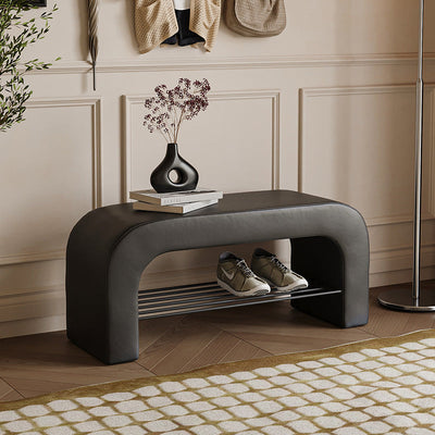Banc de rangement moderne minimaliste en agneau rectangulaire long en cuir PU avec fer, 1 étagère pour les entrées 