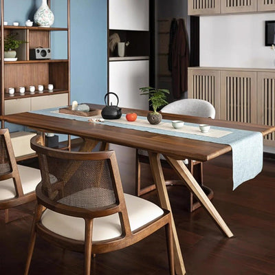 Silla de comedor de madera tapizada en cuero de microfibra cuadrada retro contemporánea con respaldo de ratán para comedor 